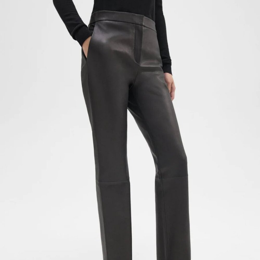 NWT$995 Theory Mid-Rise Leather Straight-Leg Pants Silhouette Side Pockets 12 L